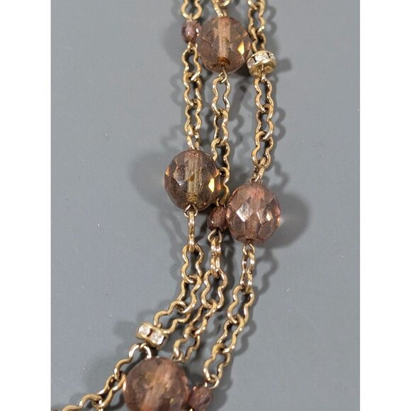 Retro Antiqued Gold Tone Beige Glass Bead Layered Necklace 19" Crystal Accent - Picture 4 of 9